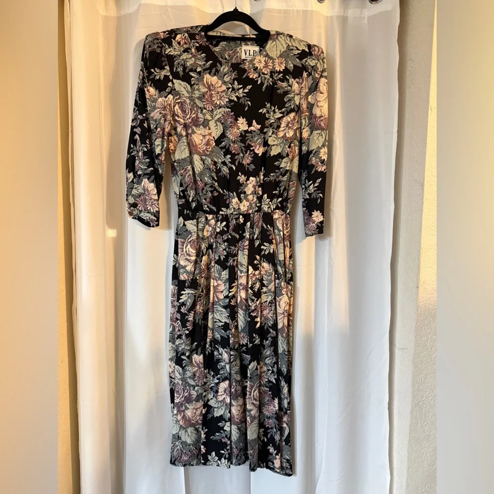 Vintage 90s Floral Midi Dress Union Made USA Size 8 Shoulder Pads - Picture 3 of 15